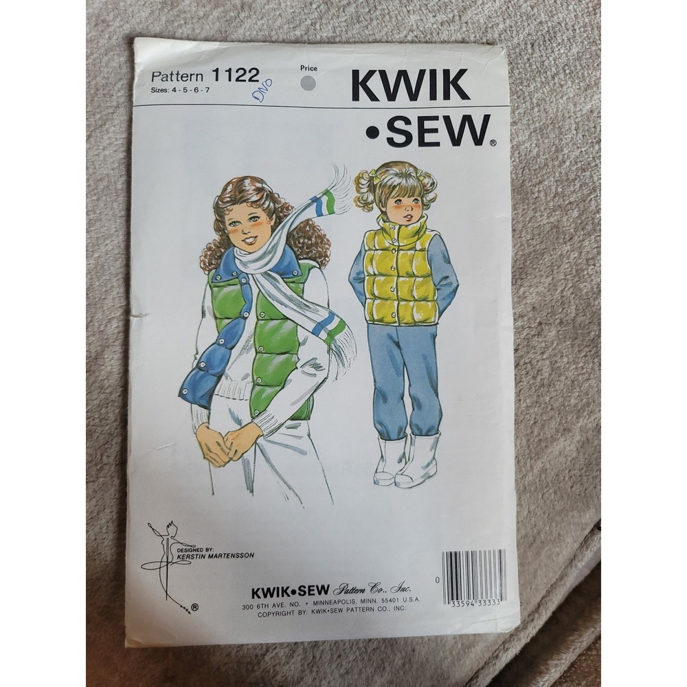 Kwik Sew Pattern 1122 Child's Puffer Vest and Scarf Sewing Pattern Size 4 5 6 7